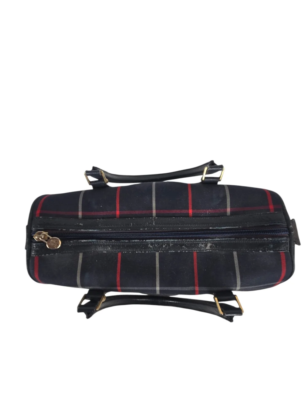 Burberrys Nova Check Toiletry Bag Vintage Leather Trim Navy Red Plaid